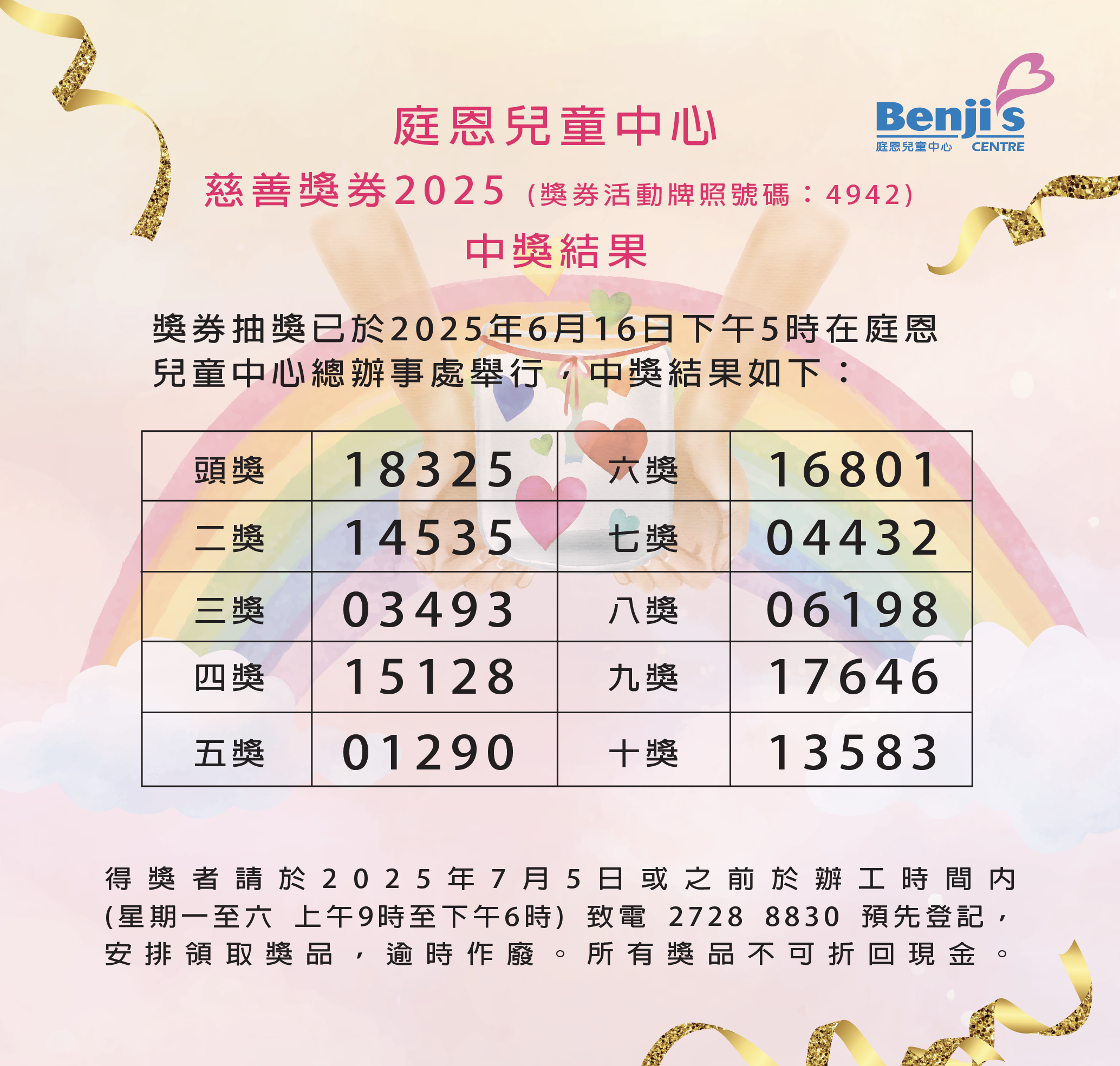 庭恩兒童中心2025慈善獎券-抽獎結果